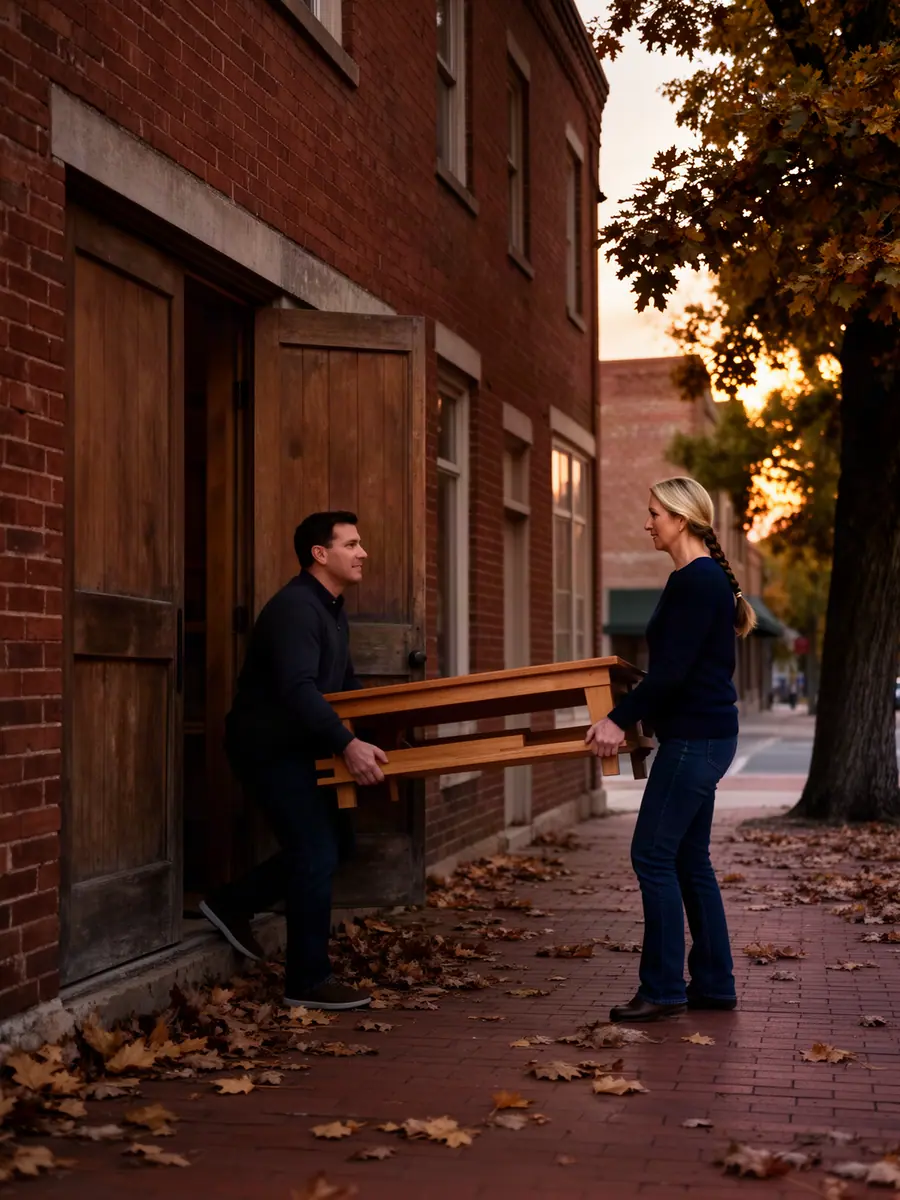 Two shop owners carrying a wooden display table out of their shop door onto a brick sidewalk at golden hour.