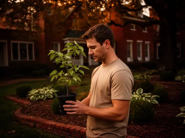 A landscaper holding a potted plant in a new front-yard bed.