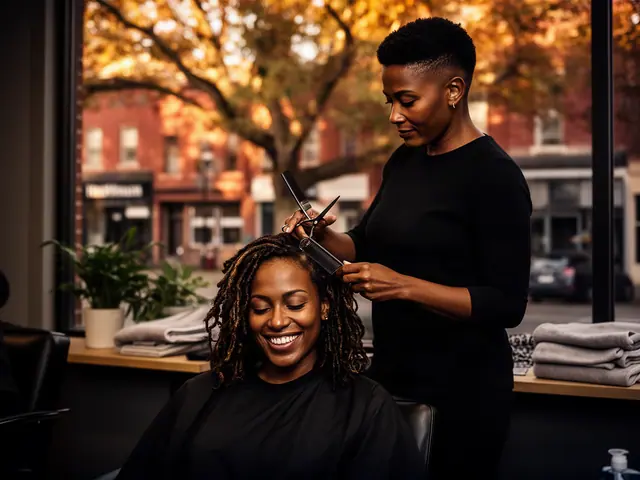 A stylist finishing a client's hair in a bright salon.